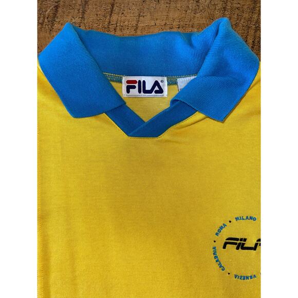 Mens FILA Vintage 90s Yellow Blue White Short Sleeve Striped Collared Shirt M - Picture 4 of 9